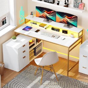 YITAHOME L Shaped Desk with Drawers, 55" Corner Computer Desk with Power Outlets & LED Lights, Large L-Shaped Office Desks with File Cabinet, White & Gold