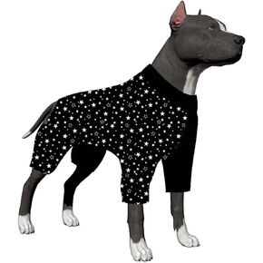 LovinPet Clothes for Pitbulls - Large Dog Pjs, Lightweigt Stretchy Fabric, Purple and Orange Camo Dinosaur Print, Pet Anxiety Relief Shirt, Easy Wearing Dog Pjs, Dog Onesie for Party, Purple M