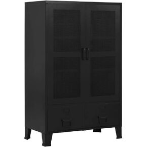 Office Cabinet with Mesh Doors, Industrial Design, Black, 29.5"x15.7"x47.2", Steel Construction