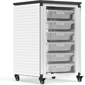 Asian Classroom Storage Cabinet - Single Module Steel Frame with Small Clear Plastic Bins, Label Ticket Inserts, Whiteboard and Locking Casters, 18.2-InW x 18.2-InD x 28.75-InH