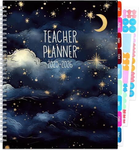 Teacher Planner 2025-2026 Notebook with 10 Section Lesson Book Daily Weekly Monthly 8.5"x11" Organizer Spiral Bound Planning Stickers, Dated Calendar, Pocket Folder, Page Tabs(Black Starry Sky) in Saudi Arabia