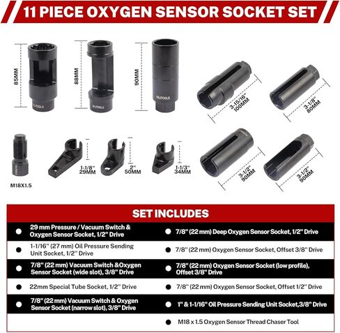 مجموعة مقابس مستشعر الأكسجين O2 المكونة من 11 قطعة من BILITOOLS 7/8 بوصة (22 مم)، 1 بوصة و1-1/16 بوصة، مجموعة مفاتيح استشعار الأكسجين الأوفست تتضمن مقبس مفتاح ضغط الزيت، ومقبس وحدة إرسال الزيت in Kuwait