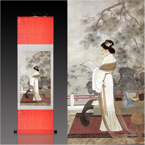 لوحة التمرير الصينية الصينية التقليدية - Lady Reading Book Pattern ، Oriental Asian Wall Art Painting Painting Raink لغرفة الدراسة (C ، 140 * 45) in Kuwait