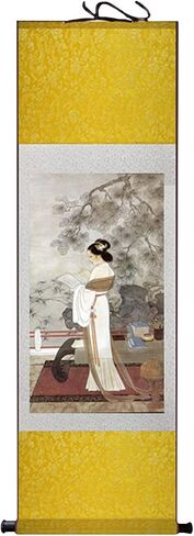 لوحة التمرير الصينية الصينية التقليدية - Lady Reading Book Pattern ، Oriental Asian Wall Art Painting Painting Raink لغرفة الدراسة (C ، 140 * 45) in Kuwait