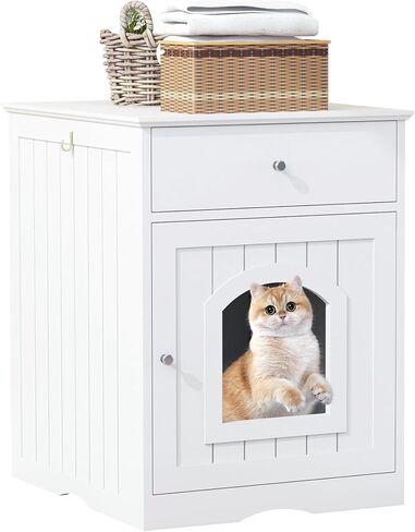 Litter Box Enclosure, Hidden Cat Litter Box Cabinet with Drawer, Wooden Pet Crate, Litter Box Furniture as Cat House, End Table, Fit Most of Litter Box (White) in Saudi Arabia