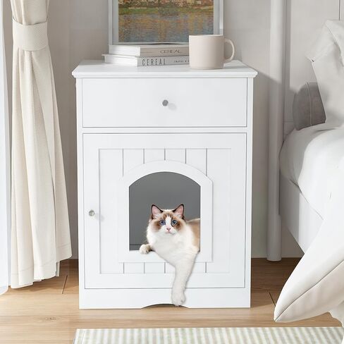 Litter Box Enclosure, Hidden Cat Litter Box Cabinet with Drawer, Wooden Pet Crate, Litter Box Furniture as Cat House, End Table, Fit Most of Litter Box (White) in Saudi Arabia