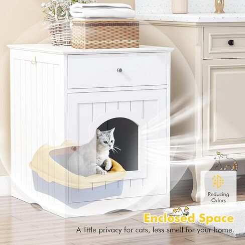 Litter Box Enclosure, Hidden Cat Litter Box Cabinet with Drawer, Wooden Pet Crate, Litter Box Furniture as Cat House, End Table, Fit Most of Litter Box (White) in Saudi Arabia
