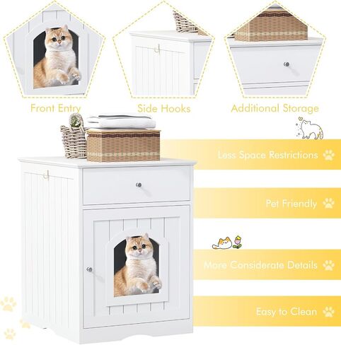 Litter Box Enclosure, Hidden Cat Litter Box Cabinet with Drawer, Wooden Pet Crate, Litter Box Furniture as Cat House, End Table, Fit Most of Litter Box (White) in Saudi Arabia