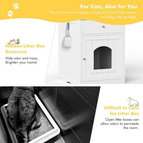 Litter Box Enclosure, Hidden Cat Litter Box Cabinet with Drawer, Wooden Pet Crate, Litter Box Furniture as Cat House, End Table, Fit Most of Litter Box (White) in Saudi Arabia