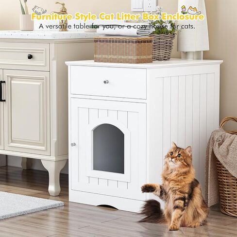 Litter Box Enclosure, Hidden Cat Litter Box Cabinet with Drawer, Wooden Pet Crate, Litter Box Furniture as Cat House, End Table, Fit Most of Litter Box (White) in Saudi Arabia