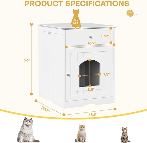 Litter Box Enclosure, Hidden Cat Litter Box Cabinet with Drawer, Wooden Pet Crate, Litter Box Furniture as Cat House, End Table, Fit Most of Litter Box (White) in Saudi Arabia