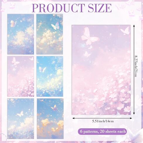 Supervitae 120 Pack Watercolor Butterfly Letter Crinting Paper ، 8.27 × 5.51 بوصة من أوراق الحروف المزدوجة ذات الوجهين للكتابة ، 6 تصميم بالألوان المائية (زبدة بالألوان المائية) in Saudi Arabia