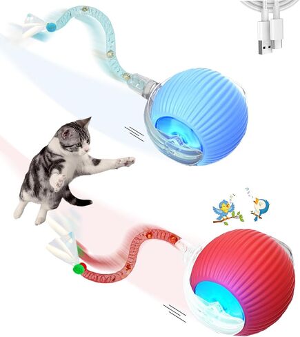 2 Pcs Interactive Cat Toys for Indoor Cats,Kitten Toys with Chirping & Motion Activate,Interactive Cat Toy for Bored Indoor Adult Cats,Red and Blue in Kuwait