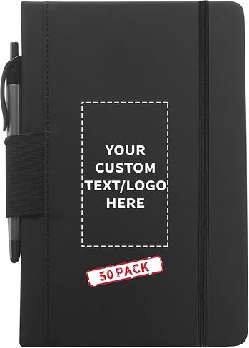 DISCOUNT PROMOS 10 Executive Notebooks with Pen Pack - Customizable Text, Logo - 6 x 8.5 inches, Recycled, Pen Loop, Closure Strap - Black in Kuwait