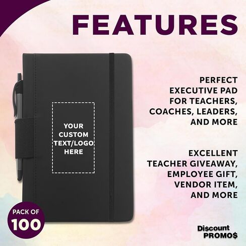 DISCOUNT PROMOS 10 Executive Notebooks with Pen Pack - Customizable Text, Logo - 6 x 8.5 inches, Recycled, Pen Loop, Closure Strap - Black in Kuwait