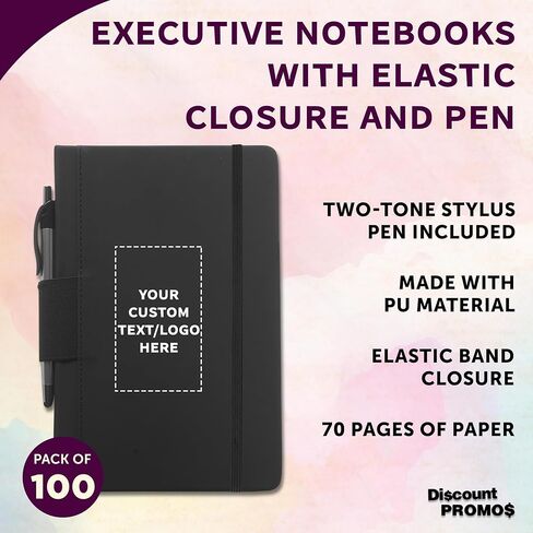 DISCOUNT PROMOS 10 Executive Notebooks with Pen Pack - Customizable Text, Logo - 6 x 8.5 inches, Recycled, Pen Loop, Closure Strap - Black in Kuwait