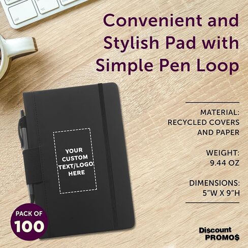 DISCOUNT PROMOS 10 Executive Notebooks with Pen Pack - Customizable Text, Logo - 6 x 8.5 inches, Recycled, Pen Loop, Closure Strap - Black in Kuwait