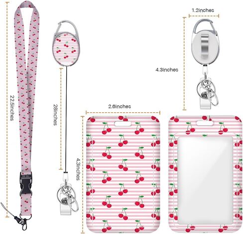 Horizontal Striped Cherry ID Badge Holder Badge Reel Lanyards for ID Badges Keychain Vertical Protector Retractable Carabiner Clips Heavy Duty Key Lanyard for Women Singer Musician Office Accessories in Saudi Arabia