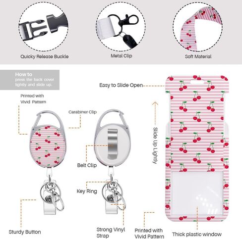 Horizontal Striped Cherry ID Badge Holder Badge Reel Lanyards for ID Badges Keychain Vertical Protector Retractable Carabiner Clips Heavy Duty Key Lanyard for Women Singer Musician Office Accessories in Saudi Arabia