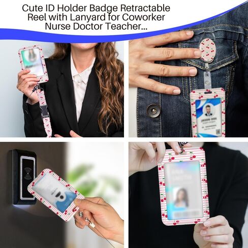 Horizontal Striped Cherry ID Badge Holder Badge Reel Lanyards for ID Badges Keychain Vertical Protector Retractable Carabiner Clips Heavy Duty Key Lanyard for Women Singer Musician Office Accessories in Saudi Arabia