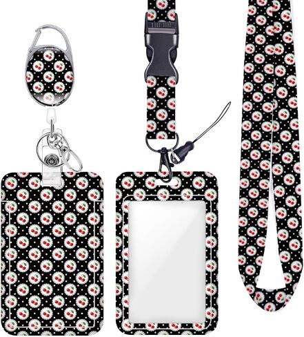 Horizontal Striped Cherry ID Badge Holder Badge Reel Lanyards for ID Badges Keychain Vertical Protector Retractable Carabiner Clips Heavy Duty Key Lanyard for Women Singer Musician Office Accessories in Saudi Arabia
