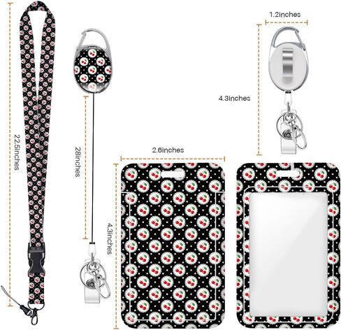 Horizontal Striped Cherry ID Badge Holder Badge Reel Lanyards for ID Badges Keychain Vertical Protector Retractable Carabiner Clips Heavy Duty Key Lanyard for Women Singer Musician Office Accessories in Saudi Arabia