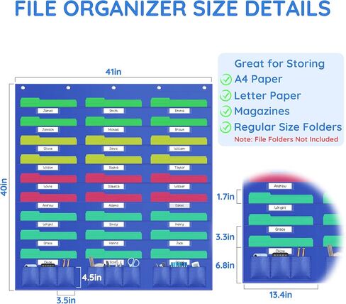 ZKOO 30 Pockets Hanging Wall File Organizer, Heavy Duty Wall Pocket File Holder for A4 Size Paper/Legal/ Letter Size Document, for Classroom, Office, Home Use with 5 Hangers, 30 Tags Pocket in Kuwait