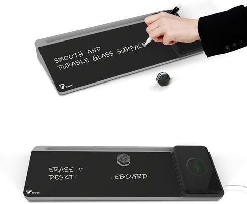 TOWON Black Desk Dry Erase Board with Charger Pad, Small Glass Desktop Whiteboard, Desktop whiteboard - Glass Dry Erase White Board- Desk Computer Buddy for Home Office Supply, 17 x 6 Inches in Saudi Arabia