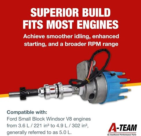 الموزع الكامل R2R من A-Team Performance - تشغيل 2 لسلسلة Ford Windsor V8 221، 260، 289، 302 - قطع إشعال بديلة للسيارات، تركيب بسلكين مع غطاء أزرق in Kuwait