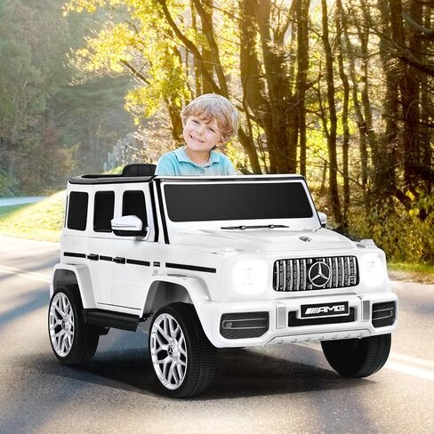 OLAKIDS 12V Kids Ride On Car, Licensed Mercedes Benz G63 Electric Vehicle with Remote Control, Double Open Doors, Music, Bluetooth, 2 Speeds, Wheels Suspension, Battery Powered Driving Toy (White) in Saudi Arabia