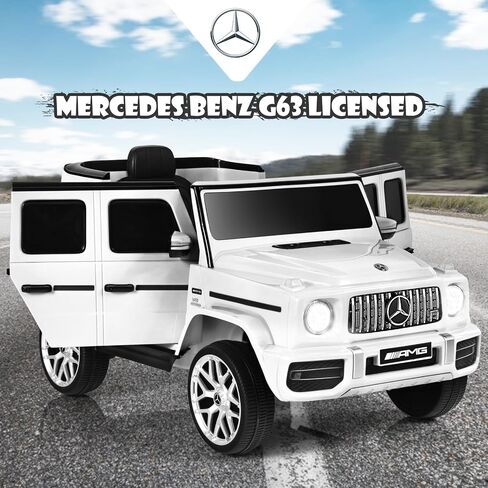 OLAKIDS 12V Kids Ride On Car, Licensed Mercedes Benz G63 Electric Vehicle with Remote Control, Double Open Doors, Music, Bluetooth, 2 Speeds, Wheels Suspension, Battery Powered Driving Toy (White) in Saudi Arabia
