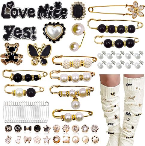 Junk Sock Charms Kit - 68 Pcs Bling Charms for Socks - Gold Brooches and Pins for Women - Shoe Charms for Sneakers - DIY Decorative Safety Pin Bulk for Clothing,Shoe & Hat Pin Accessories (Black) in Kuwait