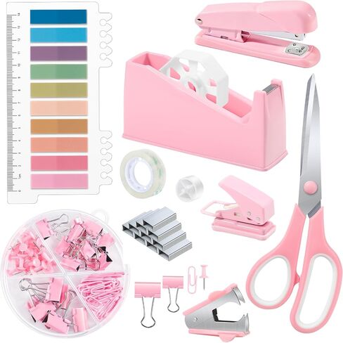 10 in 1 Pink Office Supplies,Pink Desk Accessories for Wome,Office Supplies Set with Stapler and Tape Dispenser,Scissors,Staple Remover,Staples,Clips & Labels,Gift for Student or Colleague in Saudi Arabia