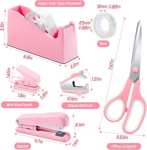 10 in 1 Pink Office Supplies,Pink Desk Accessories for Wome,Office Supplies Set with Stapler and Tape Dispenser,Scissors,Staple Remover,Staples,Clips & Labels,Gift for Student or Colleague in Saudi Arabia