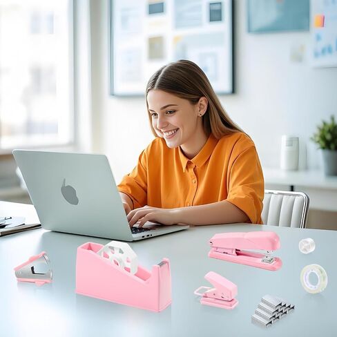 10 in 1 Pink Office Supplies,Pink Desk Accessories for Wome,Office Supplies Set with Stapler and Tape Dispenser,Scissors,Staple Remover,Staples,Clips & Labels,Gift for Student or Colleague in Saudi Arabia
