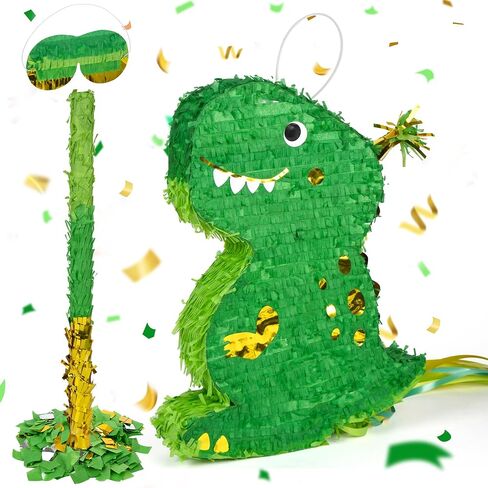 Pinata ديناصور صغير (T-rex ، الأخضر ، الذهب) مع عصب العينين ، الخفافيش والحلويات (16.5 × 12 × 3 بوصات) ، مثالية لحفلات أعياد الميلاد ، ديكورات تحت عنوان الدينو in Kuwait