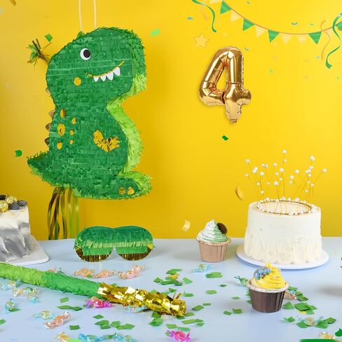 Pinata ديناصور صغير (T-rex ، الأخضر ، الذهب) مع عصب العينين ، الخفافيش والحلويات (16.5 × 12 × 3 بوصات) ، مثالية لحفلات أعياد الميلاد ، ديكورات تحت عنوان الدينو in Kuwait