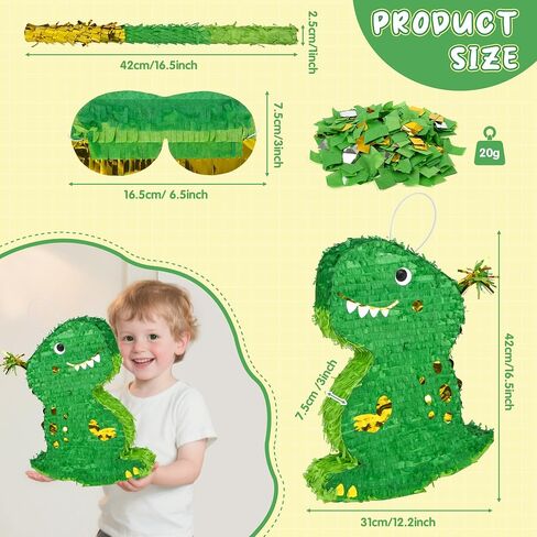 Pinata ديناصور صغير (T-rex ، الأخضر ، الذهب) مع عصب العينين ، الخفافيش والحلويات (16.5 × 12 × 3 بوصات) ، مثالية لحفلات أعياد الميلاد ، ديكورات تحت عنوان الدينو in Kuwait