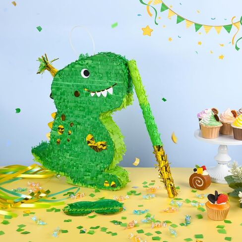 Pinata ديناصور صغير (T-rex ، الأخضر ، الذهب) مع عصب العينين ، الخفافيش والحلويات (16.5 × 12 × 3 بوصات) ، مثالية لحفلات أعياد الميلاد ، ديكورات تحت عنوان الدينو in Kuwait