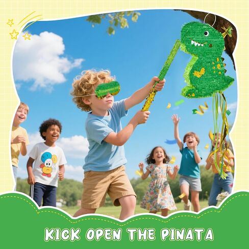 Pinata ديناصور صغير (T-rex ، الأخضر ، الذهب) مع عصب العينين ، الخفافيش والحلويات (16.5 × 12 × 3 بوصات) ، مثالية لحفلات أعياد الميلاد ، ديكورات تحت عنوان الدينو in Kuwait