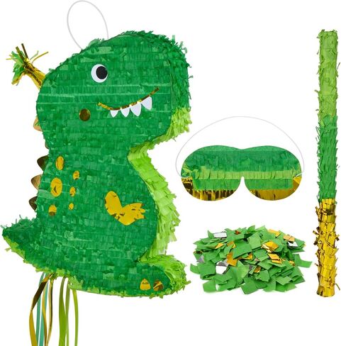 Pinata ديناصور صغير (T-rex ، الأخضر ، الذهب) مع عصب العينين ، الخفافيش والحلويات (16.5 × 12 × 3 بوصات) ، مثالية لحفلات أعياد الميلاد ، ديكورات تحت عنوان الدينو in Kuwait