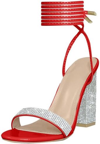 Women's Sparkly Rhinestones Sandals for Women Ankle Strappy Chunky Block Heels Sandals in Kuwait