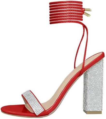 Women's Sparkly Rhinestones Sandals for Women Ankle Strappy Chunky Block Heels Sandals in Kuwait
