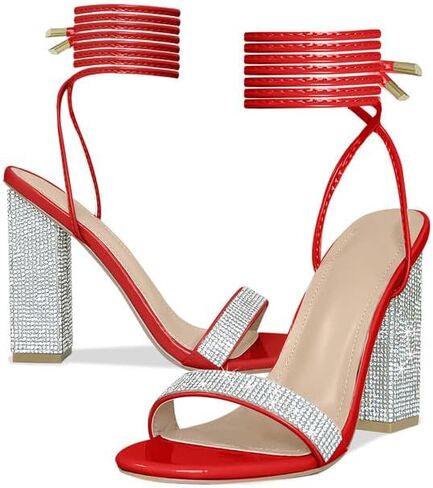 Women's Sparkly Rhinestones Sandals for Women Ankle Strappy Chunky Block Heels Sandals in Kuwait