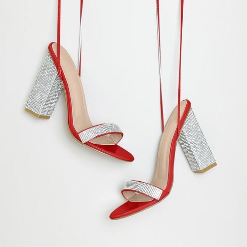 Women's Sparkly Rhinestones Sandals for Women Ankle Strappy Chunky Block Heels Sandals in Kuwait