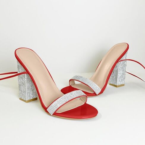 Women's Sparkly Rhinestones Sandals for Women Ankle Strappy Chunky Block Heels Sandals in Kuwait