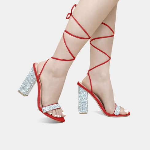 Women's Sparkly Rhinestones Sandals for Women Ankle Strappy Chunky Block Heels Sandals in Kuwait