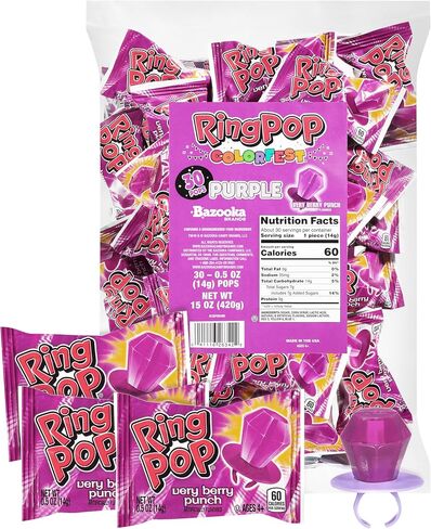 Ring Pop Purple Candy Lollipops, 30Ct Bulk Individually Wrapped in Very Berry Punch Flavor, Full Size, Fun Hard Candy For Birthday, Party Favors, Bachelorette Parties & Kids Gifts in Saudi Arabia