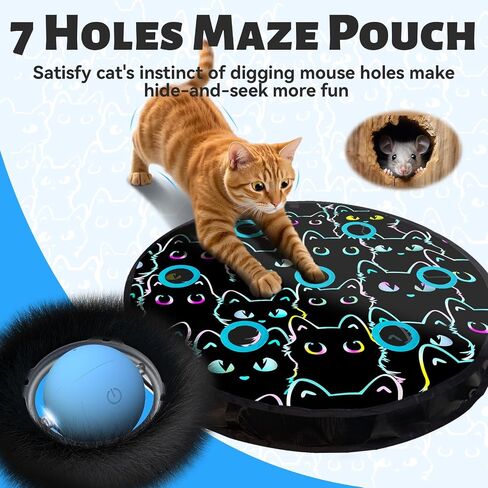 ORSDA Cat Toys, Interactive Fast Rolling Ball in Pouch, Hide and Seek for Indoor Cats, Motion Chirping Activated Moving Ball, 7 Holes Mat Mouse Catching Game in Kuwait