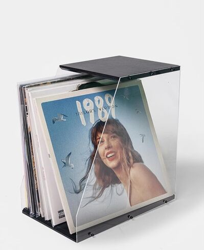 Vinyl Record Storage Rack, 40LPs+ Capacity Wooden Vinyl Albums Display Organizer with Acrylic Board, Quick Assembly Retro Style Record Storage Box for CD, Magazine, File in Saudi Arabia